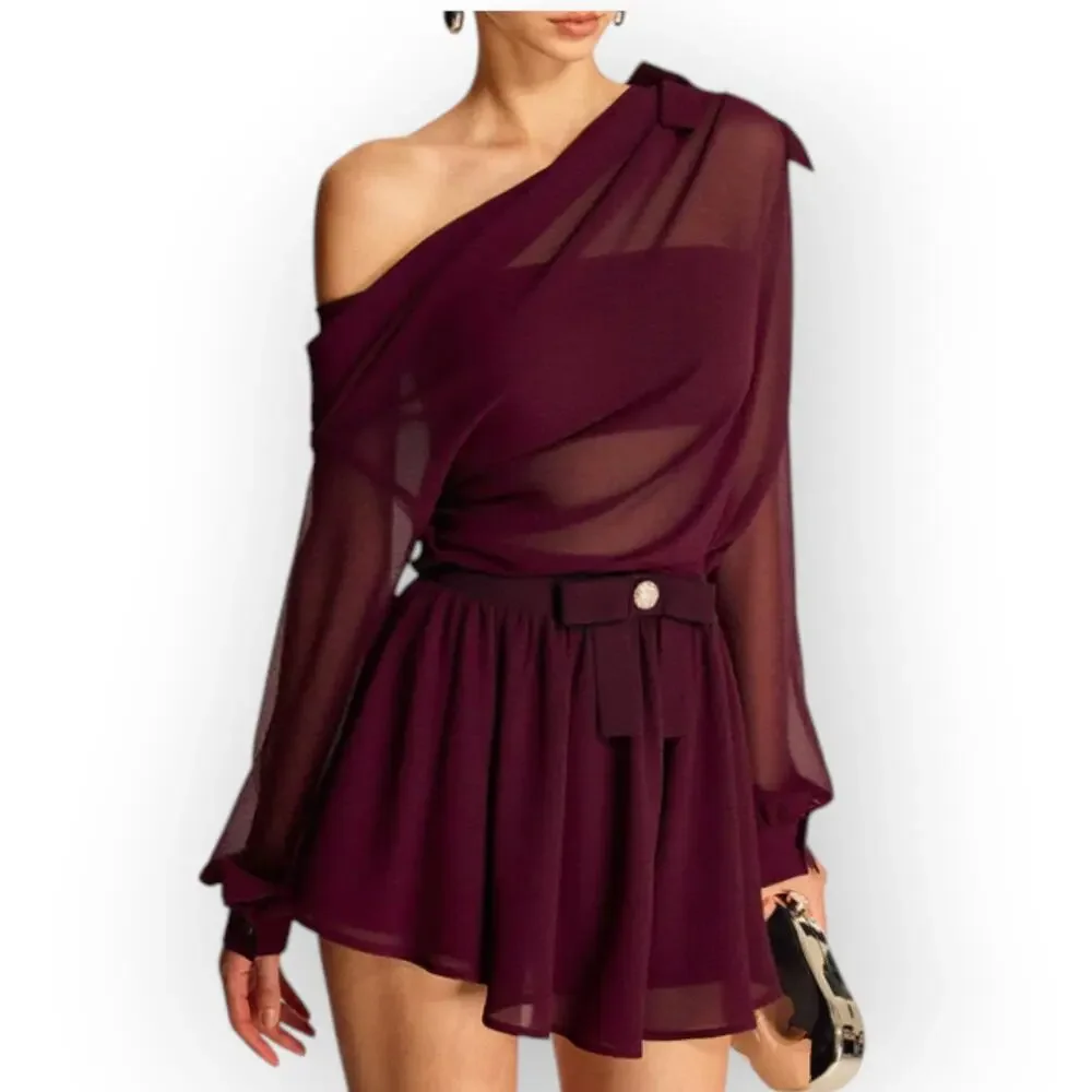 Commense Burgundy Chiffon One Shoulder Top & Skirt Set – Romantic Parisian Bow